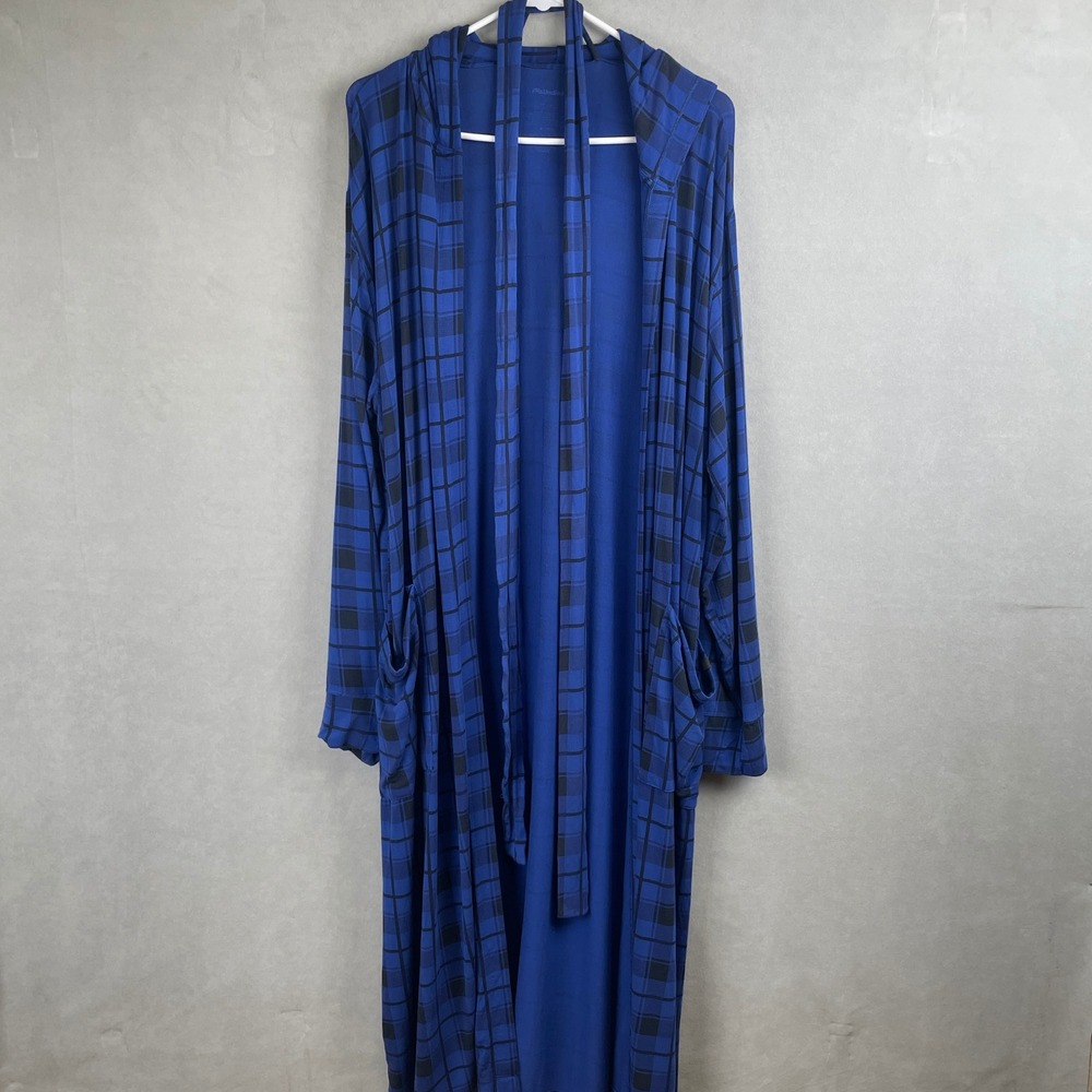 MeUndies Mens Hooded Robe Blue Black Plaid Buttery Soft Loungewear Sleepwear S/M